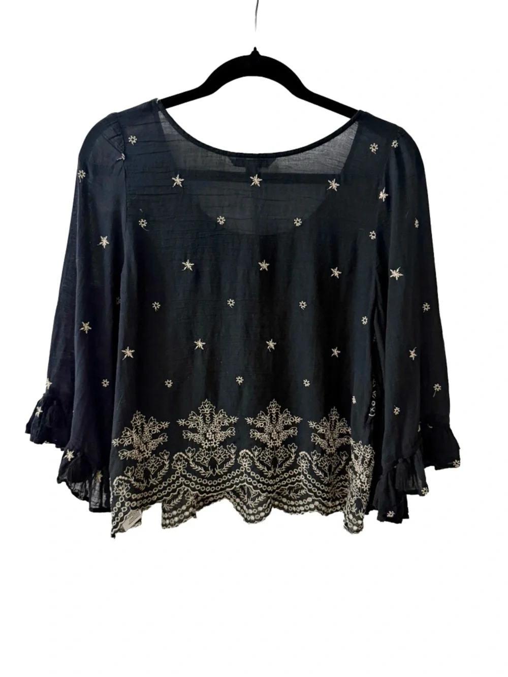 American Eagle Black Embroidered Bell Sleeve Cropped Blouse With Tassels | XL - Picture 2 of 7